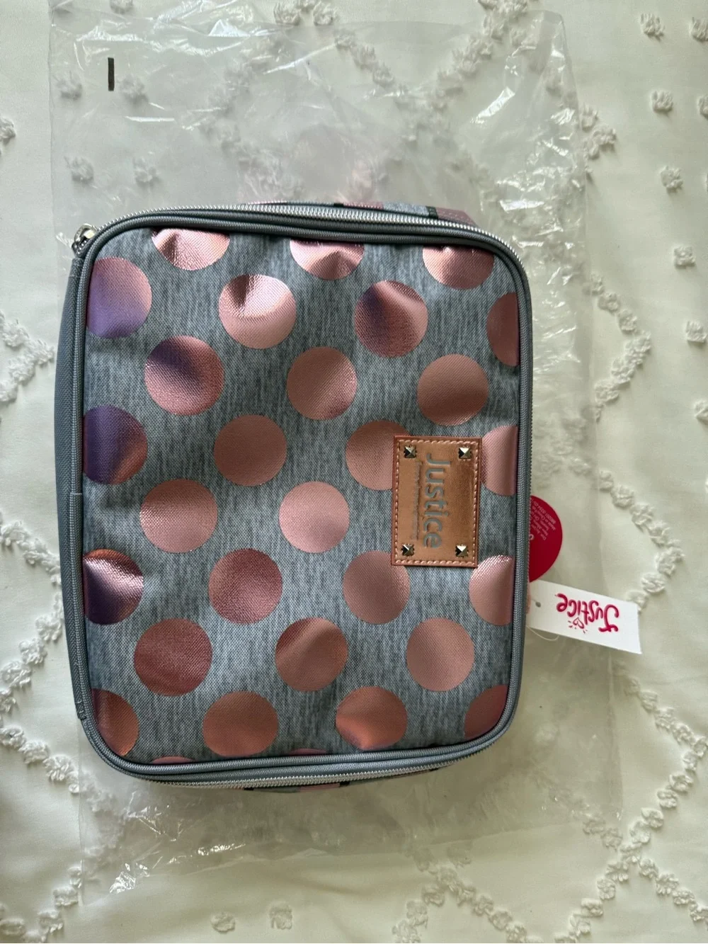 Justice Lunch Box with Pink Metallic Polka Dots